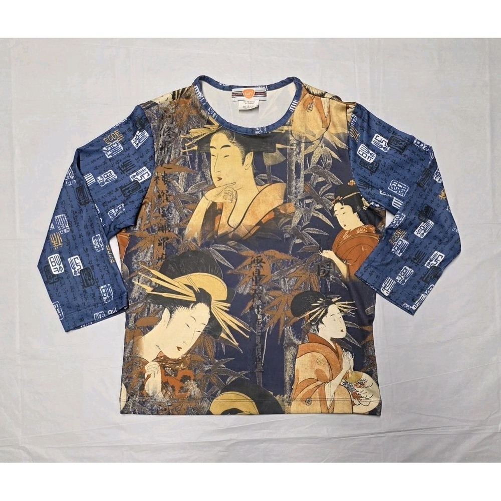 Vintage Weavers Girl Geisha Y2K Graphic Long Sleeve Shirt Size Large Asian AOP